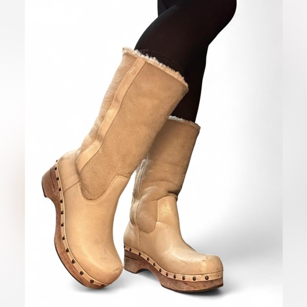 Frye Beige Shearling Heeled Boots